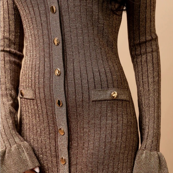 Rachel Parcell Brown and Gold Ribbed V-Neck Sweater Dress - Picture 2 of 4